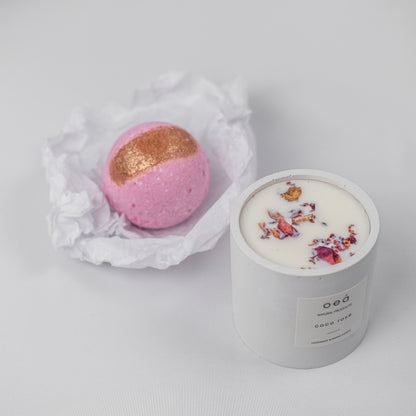 'Coco Rose' Duftkerze + Badebombe pink