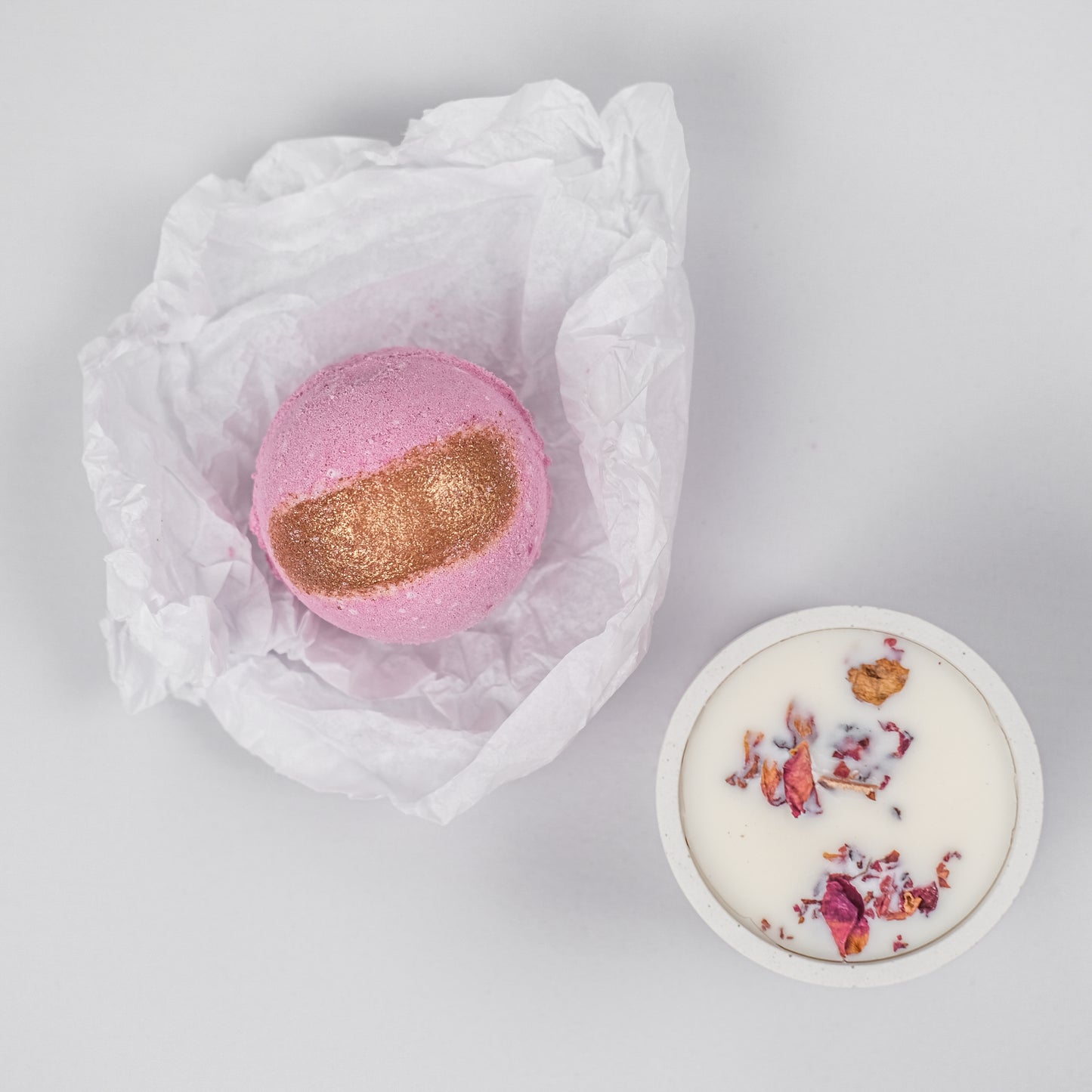 'Coco Rose' Duftkerze + Badebombe pink